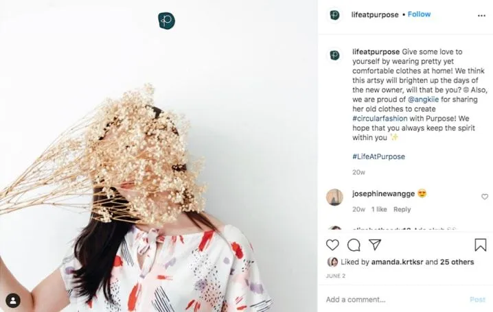 Halaman instagram Purpose, startup sustainable fashion milik Amanda