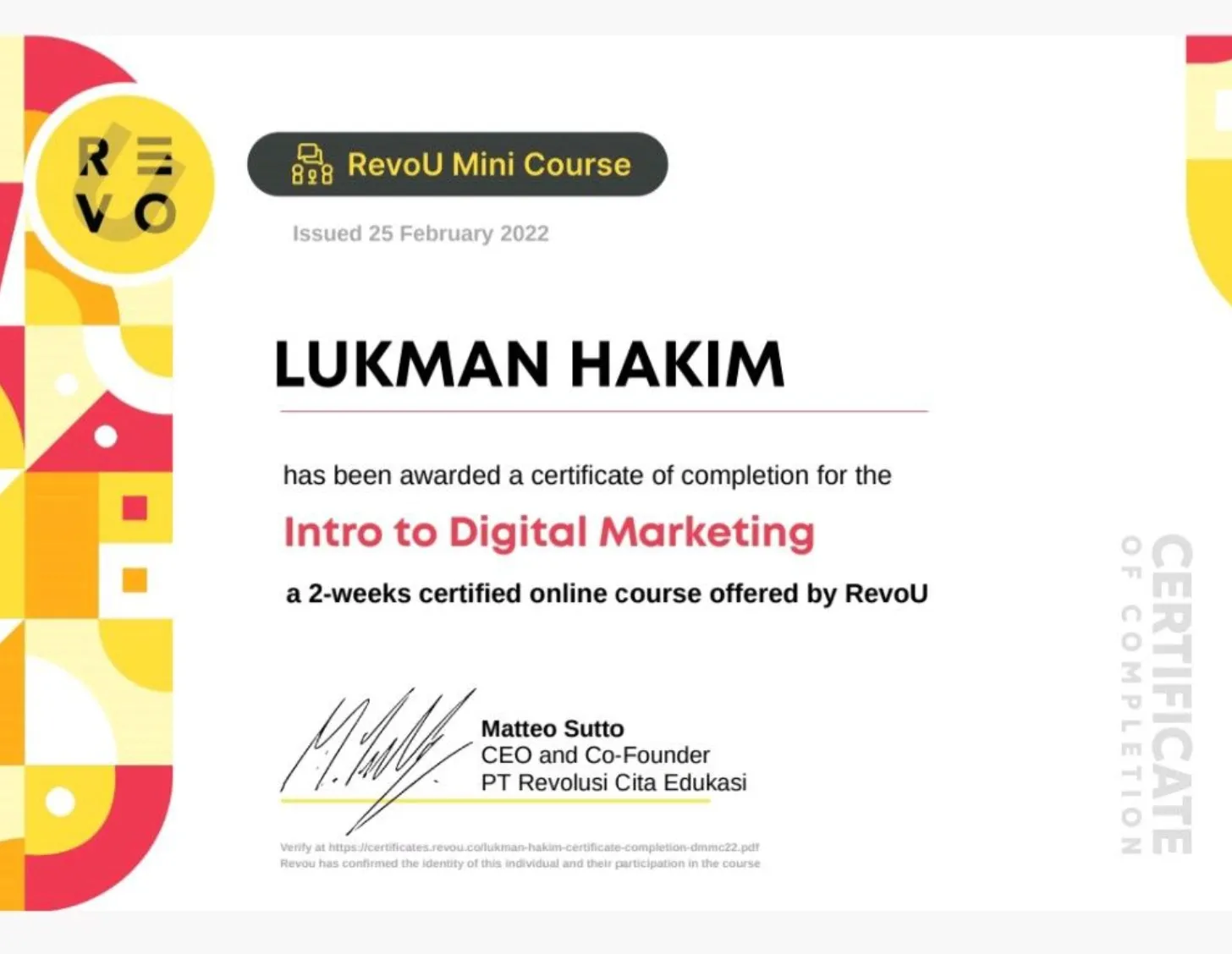 Sertifikat RevoU Mini Course Lukman Hakim