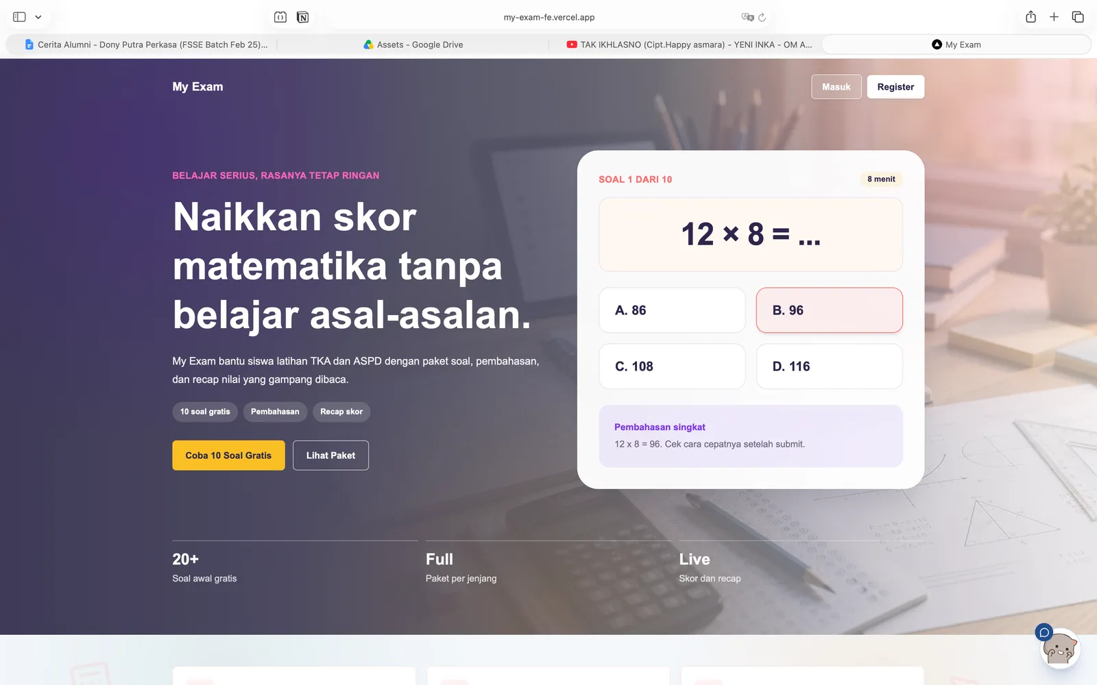 Halaman utama platform ujian online MyEXAM