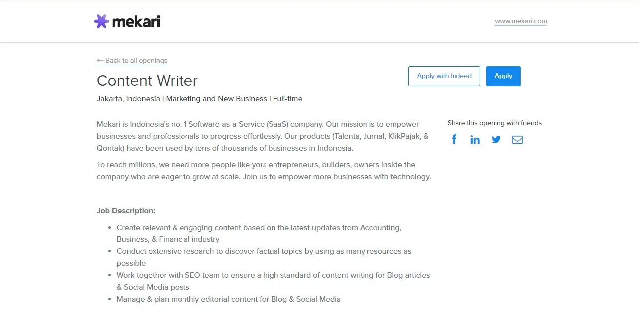 Tugas content writer Mekari