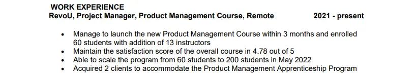 contoh pencapaian dalam CV product manager