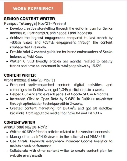 Contoh CV content writer - riwayat kerja