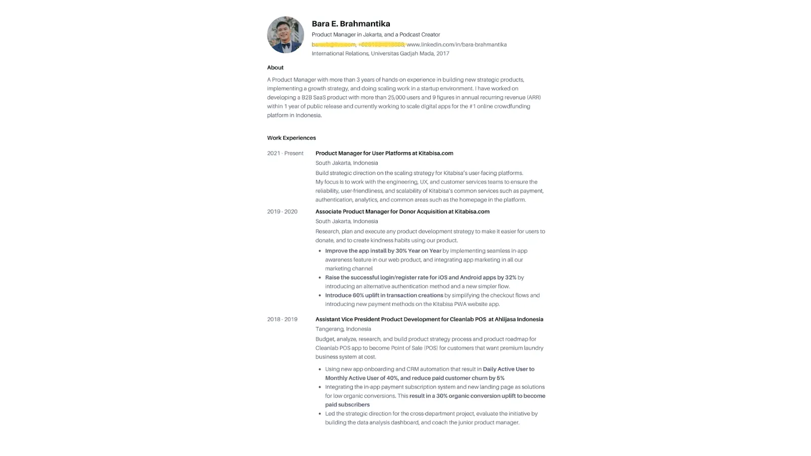 Contoh CV product manager - Bara Brahmantika