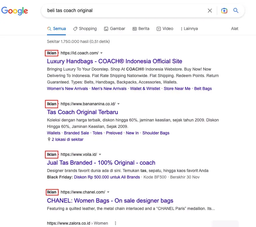 contoh SEM, pemasangan iklan PPC di Google Ads