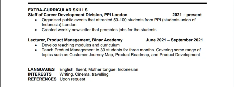 Contoh penghargaan atau aktivitas CV product manager