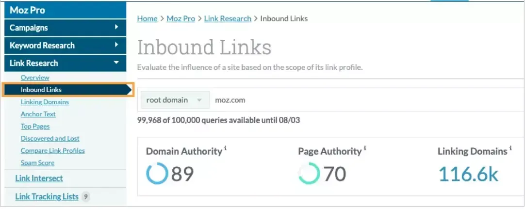 Inbound links/sumber: Moz.com