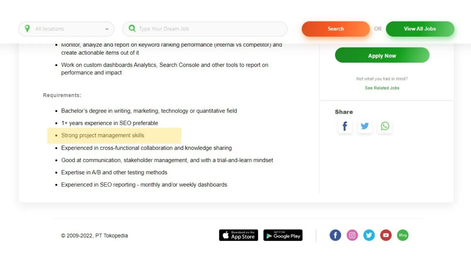 Skill project management - job opening Tokopedia