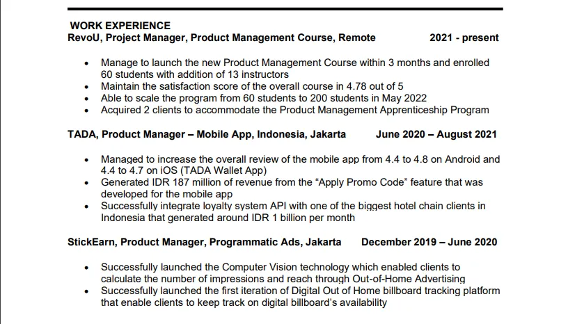 Contoh pengalaman kerja CV product manager