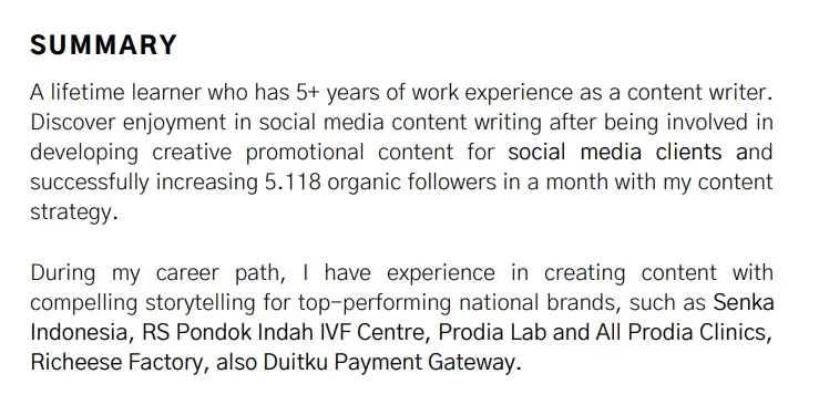 Contoh CV content writer - summary