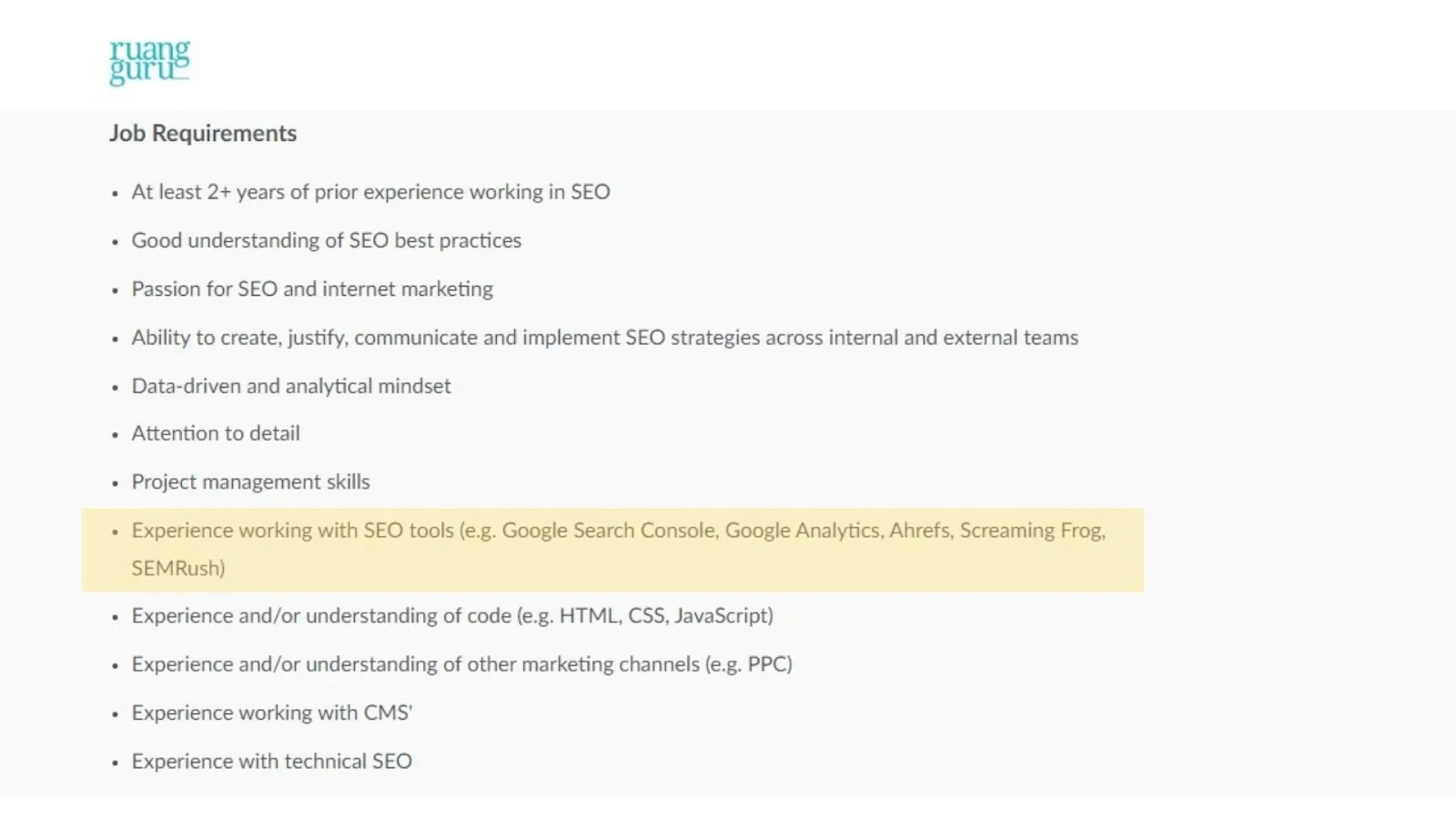 Skill menguasai tools SEO - job opening Ruangguru