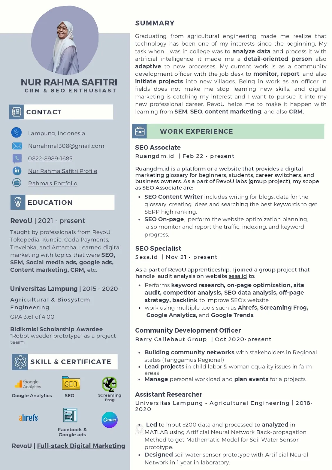 Contoh CV SEO Specialist Nur Rahma Safitri