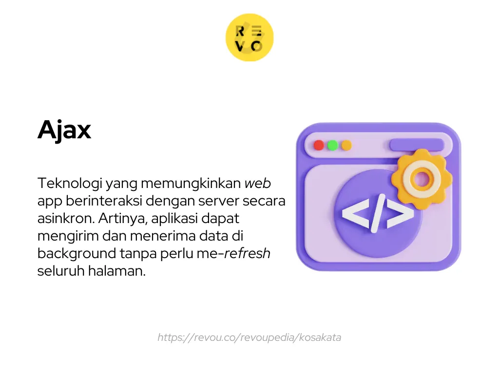 AJAX adalah teknologi yang memungkinkan web app berinteraksi dengan server secara asinkron. Artinya, aplikasi dapat mengirim dan menerima data di background tanpa perlu me-refresh seluruh halaman.
