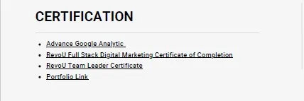 Bagian Sertifikasi Contoh CV SEO Specialist