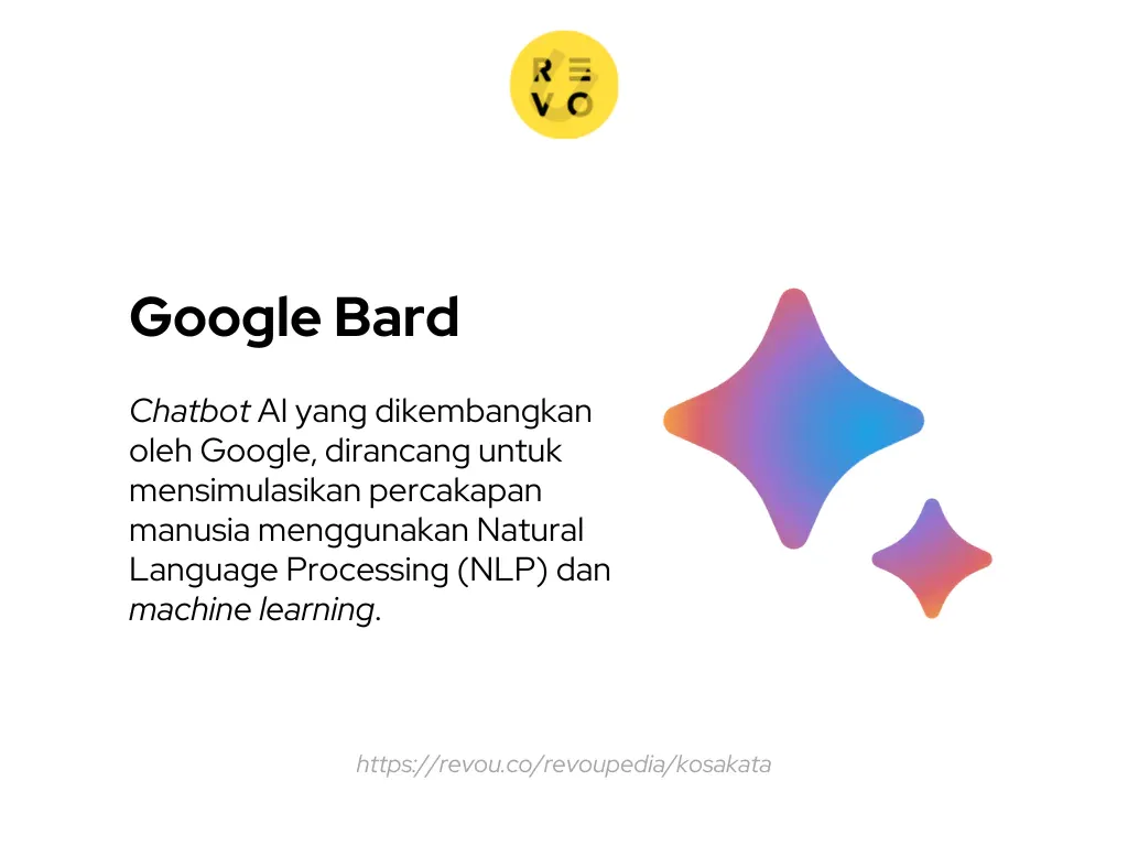 Google Bard adalah chatbot AI yang dikembangkan oleh Google, dirancang untuk mensimulasikan percakapan manusia menggunakan natural language processing (NLP) dan machine learning. 