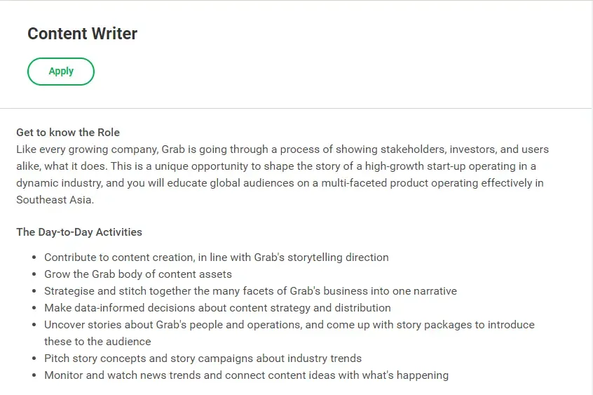 Tugas content writer Grab