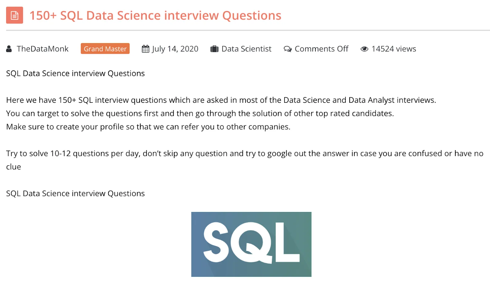 SQL Interview Questions for Data Scientist and Data Analyst