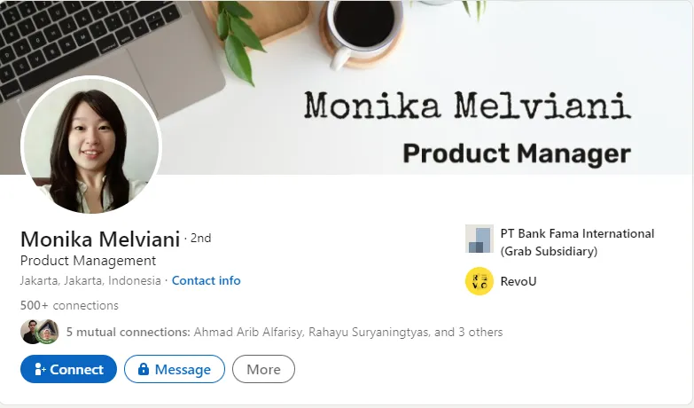 Akun linkedIn alumni Full-Stack Product Management RevoU-Monika Melviani