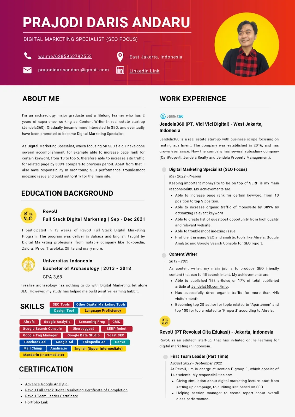 Contoh CV SEO Specialist Prajodi Daris Andaru