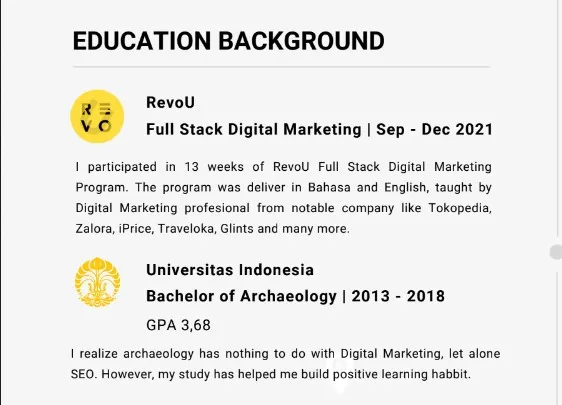 Bagian Pendidikan dan Pelatihan Contoh CV SEO Specialist