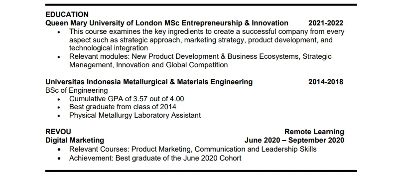 Contoh pendidikan CV product manager