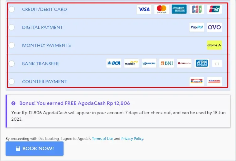 Contoh penerapan API - pilihan metode pembayaran