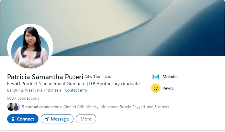 Akun linkedIn alumni Full-Stack Product Management RevoU-Patricia Samantha Puteri