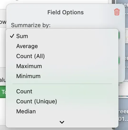 Pilihan values di Pivot Table