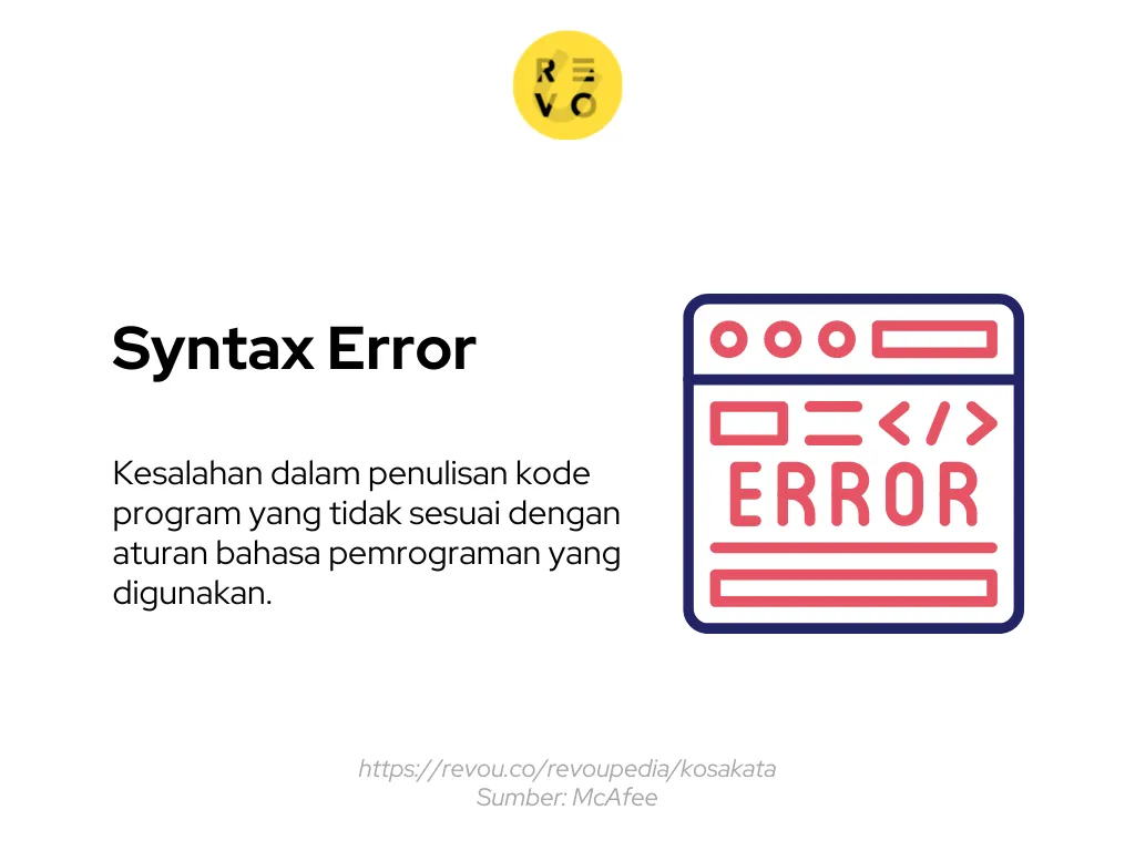 Syntax error adalah kesalahan dalam penulisan kode program yang tidak sesuai dengan aturan bahasa pemrograman yang digunakan.