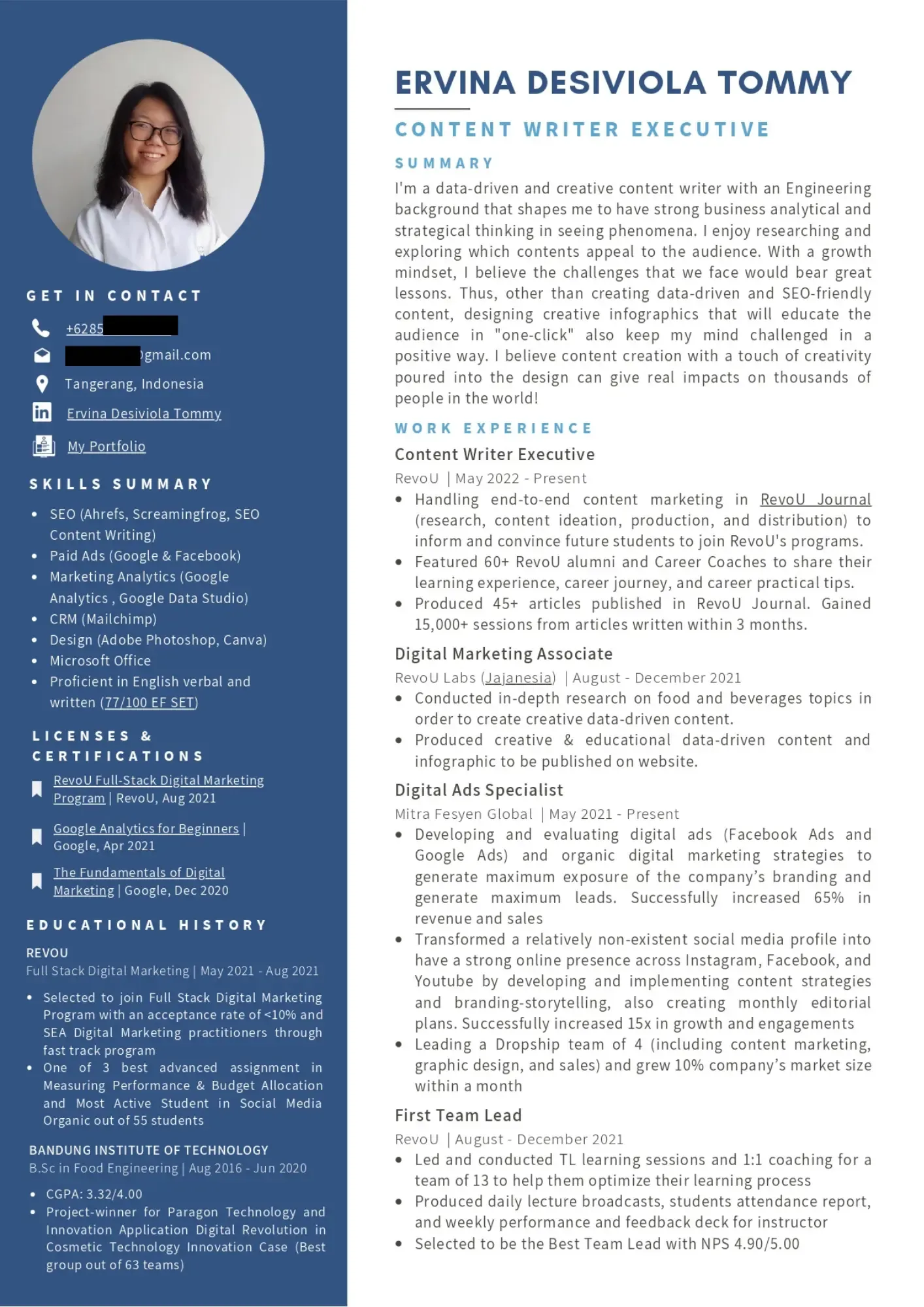Contoh CV content writer alumni RevoU - Ervina