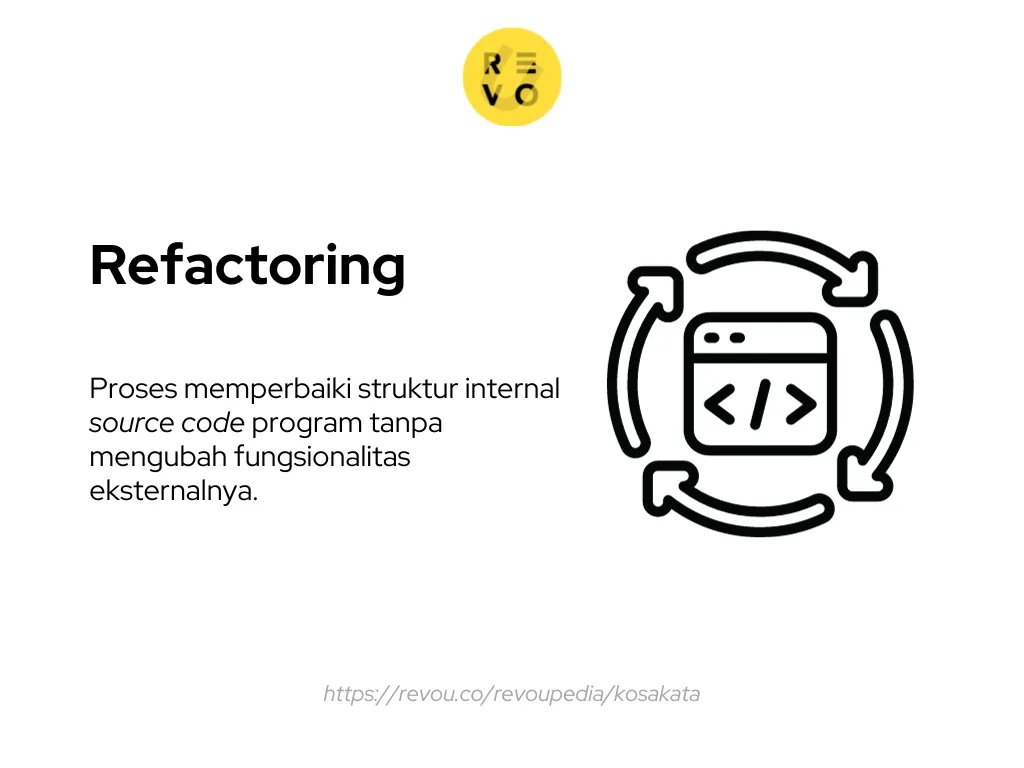Refactoring adalah proses memperbaiki struktur internal source code program tanpa mengubah fungsionalitas eksternalnya.