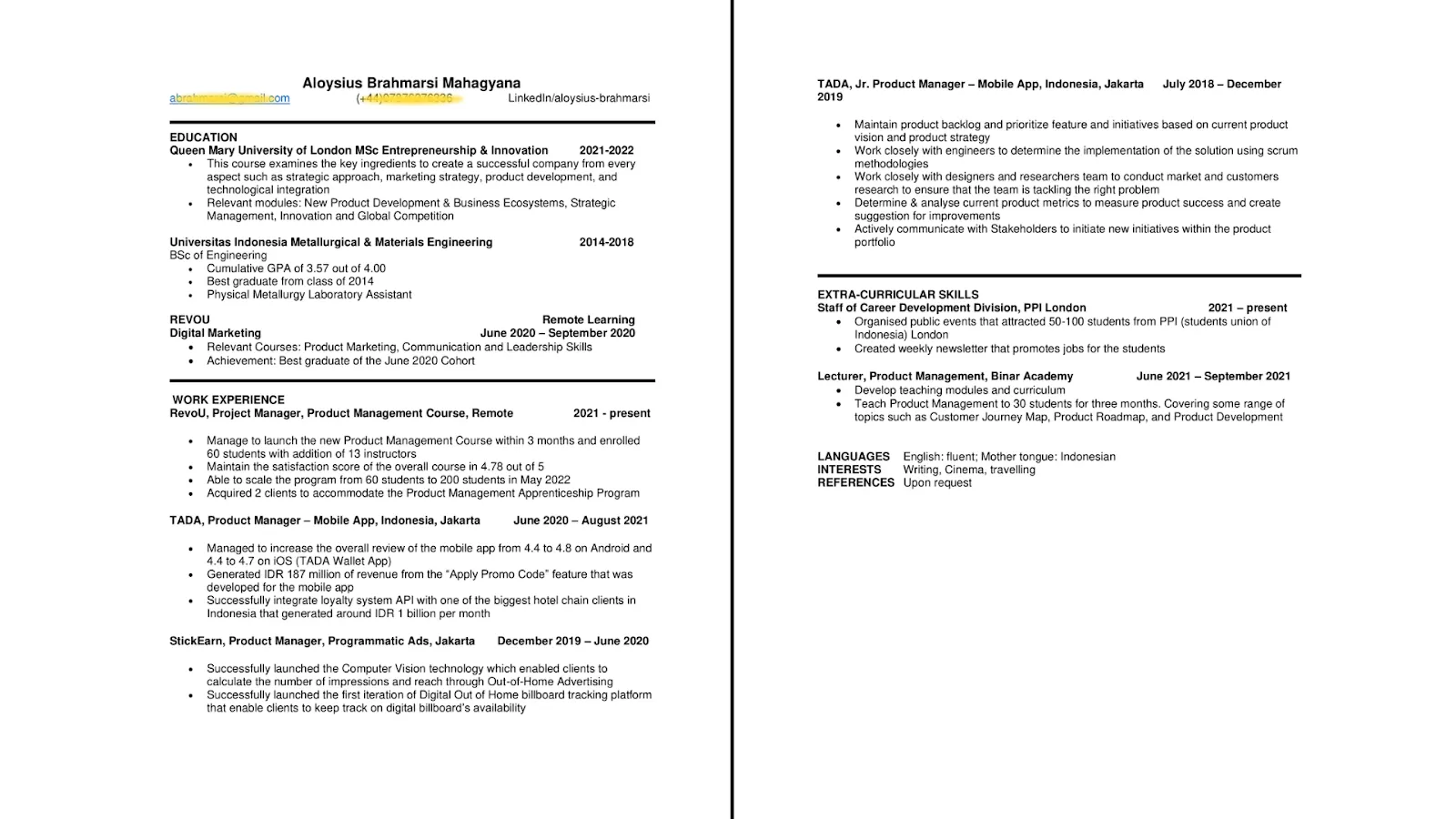 Contoh CV product manager - Aloysius Brahmarsi