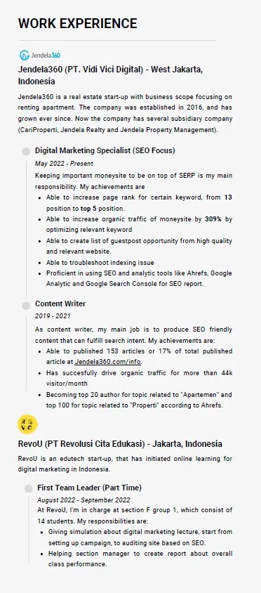 Bagian Riwayat Pekerjaan Contoh CV SEO Specialist
