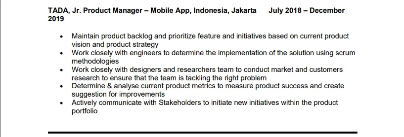 Contoh pengalaman kerja CV product manager
